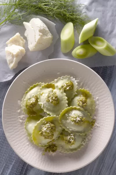 Sage sauce paired with cheese ravioli & Cretan wild edible greens (horta) by Chef Nikos Stratigis